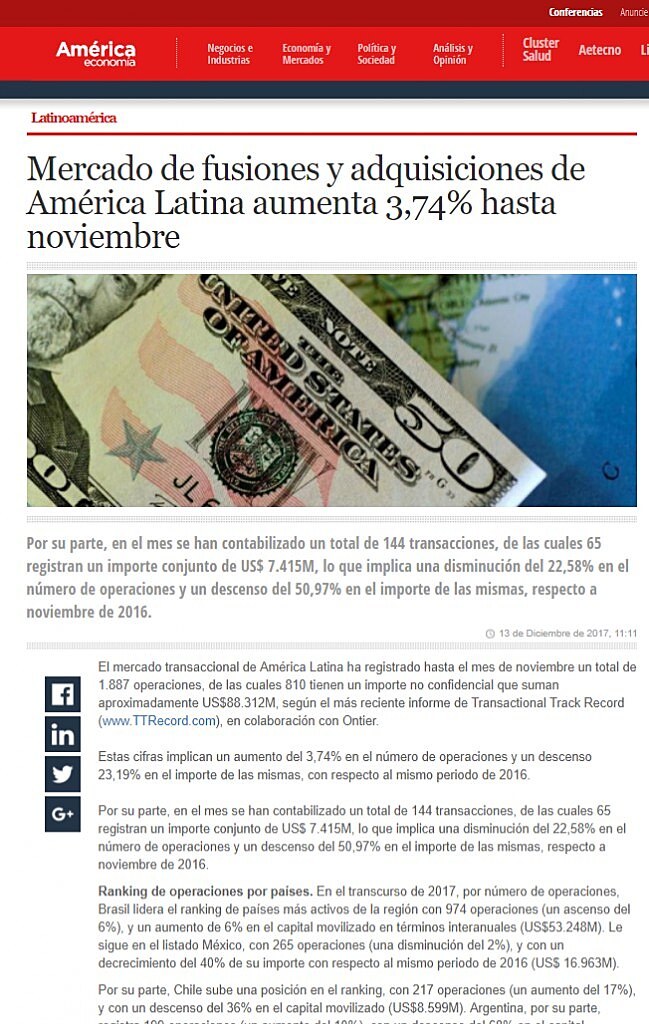 Mercado de fusiones y adquisiciones de Amrica Latina aumenta 3,74% hasta noviembre